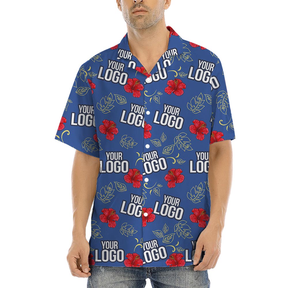 Blue Hibiscus Men's Hawaiian Shirt With Company Logo