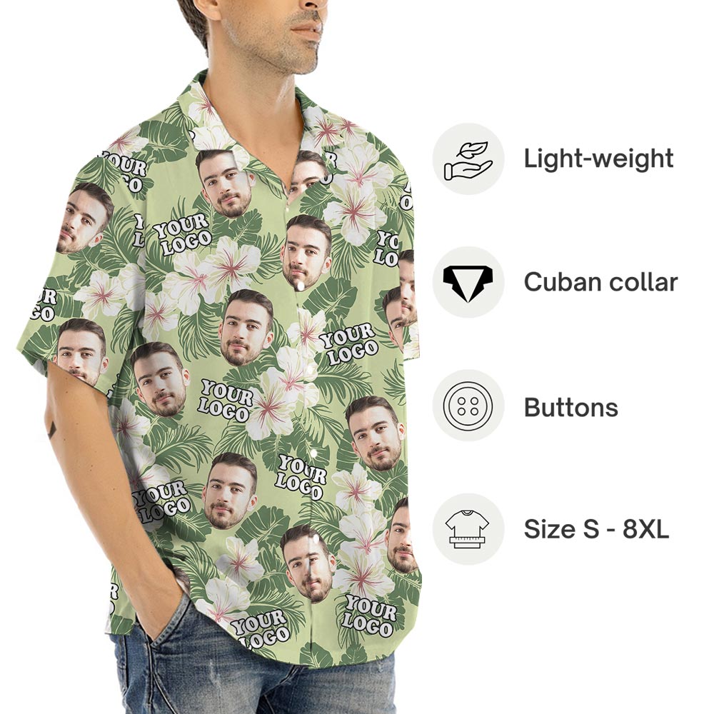Floral Custom Face And Logo Green Hawaiian Shirt