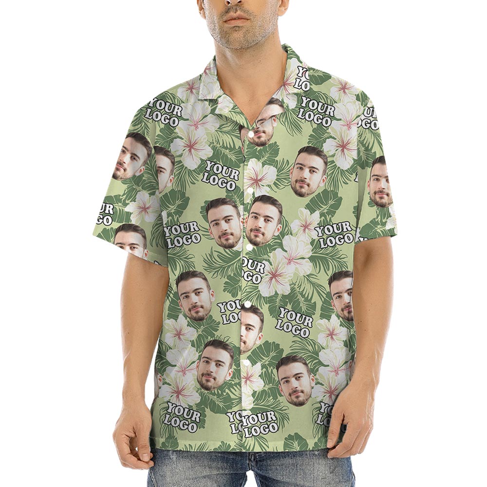 Floral Custom Face And Logo Green Hawaiian Shirt