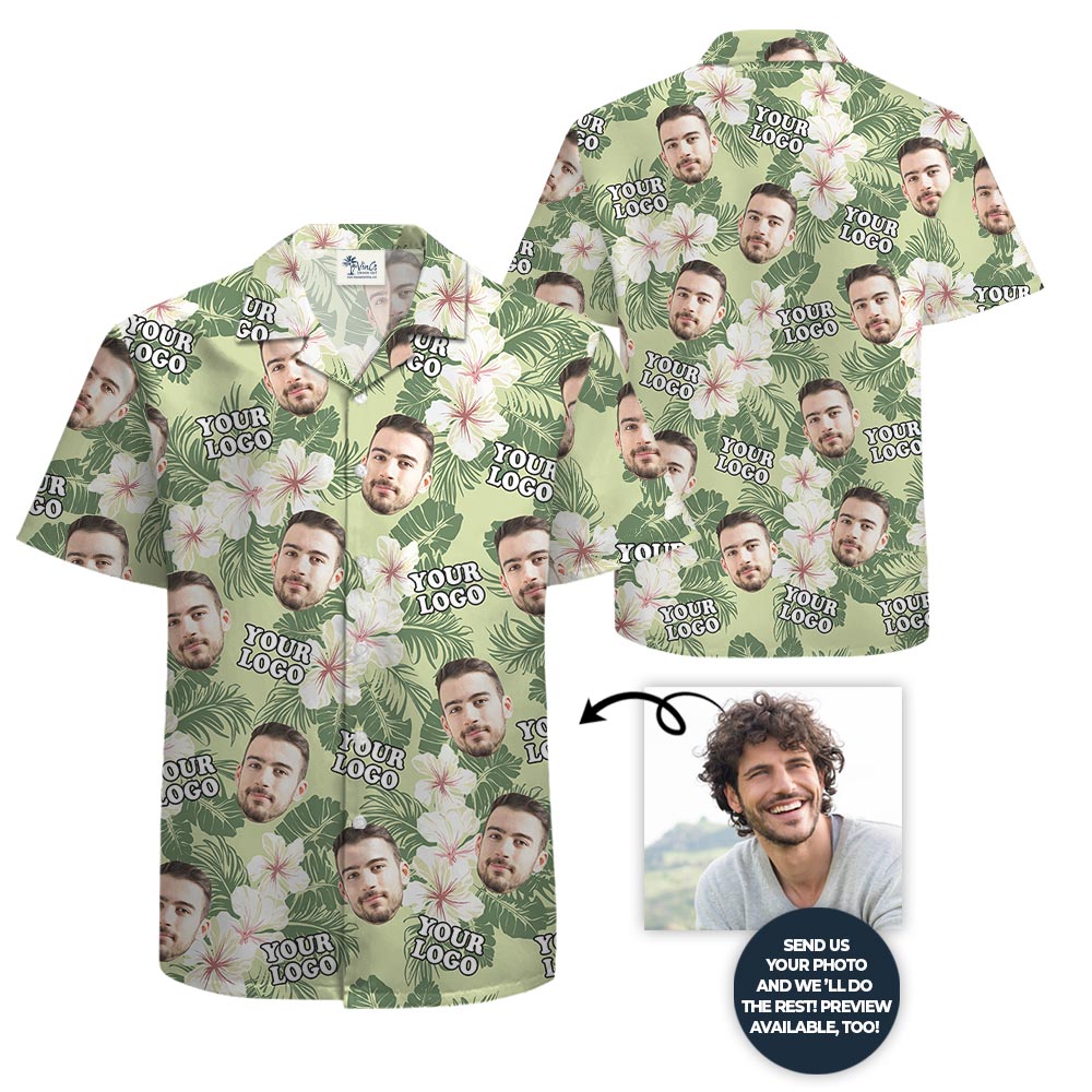 Floral Custom Face And Logo Green Hawaiian Shirt