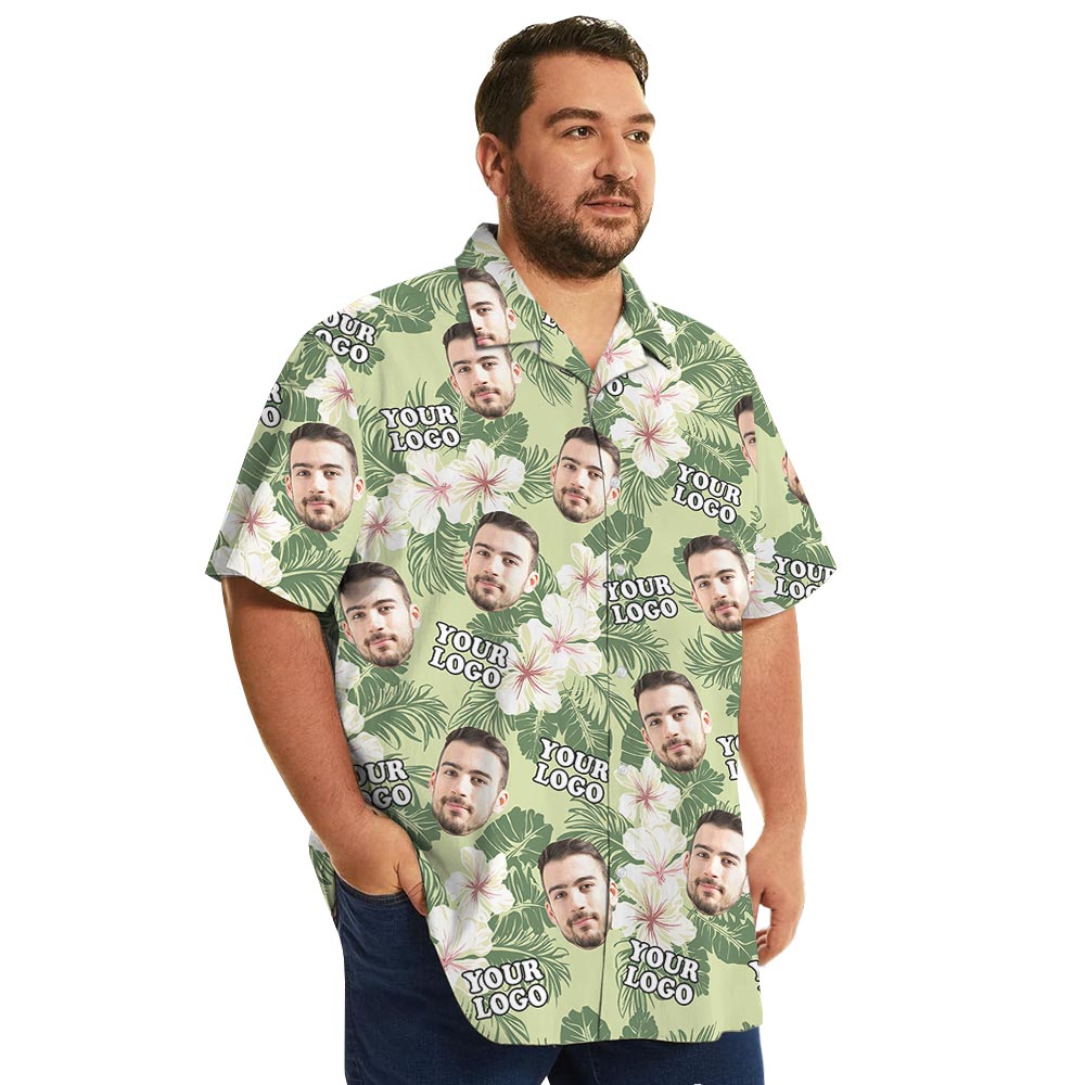 Floral Custom Face And Logo Green Hawaiian Shirt