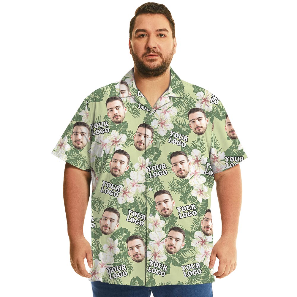 Floral Custom Face And Logo Green Hawaiian Shirt