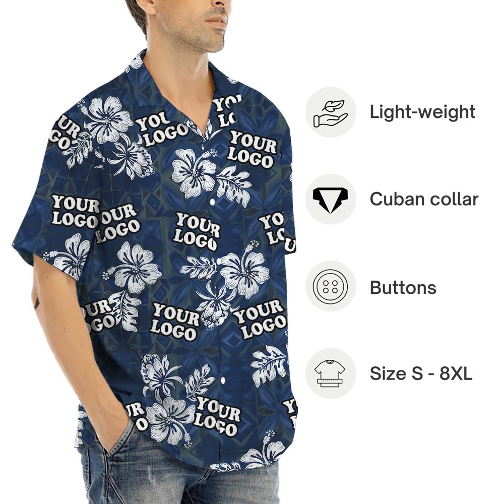 Custom Logo Vintage Navy Hawaiian Shirt With Hibiscus