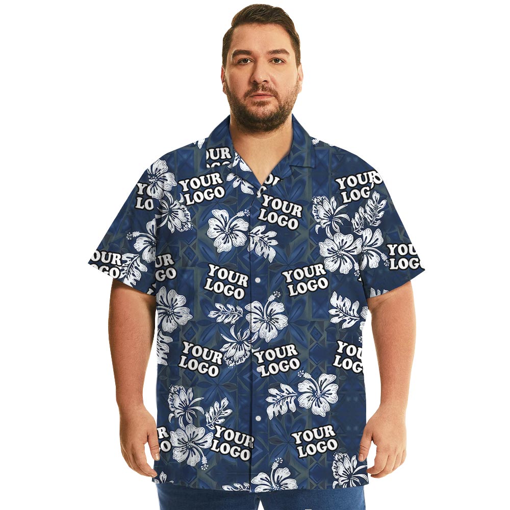 Custom Logo Vintage Navy Hawaiian Shirt With Hibiscus
