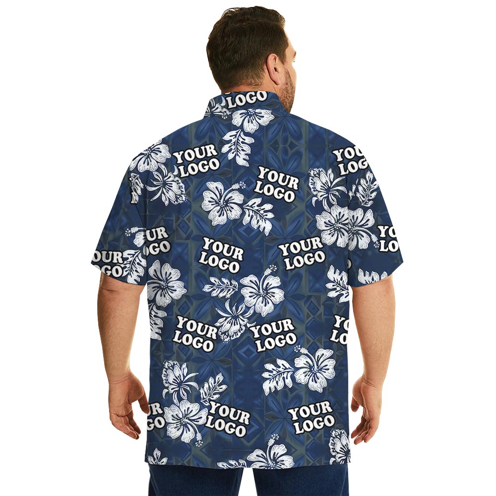 Custom Logo Vintage Navy Hawaiian Shirt With Hibiscus