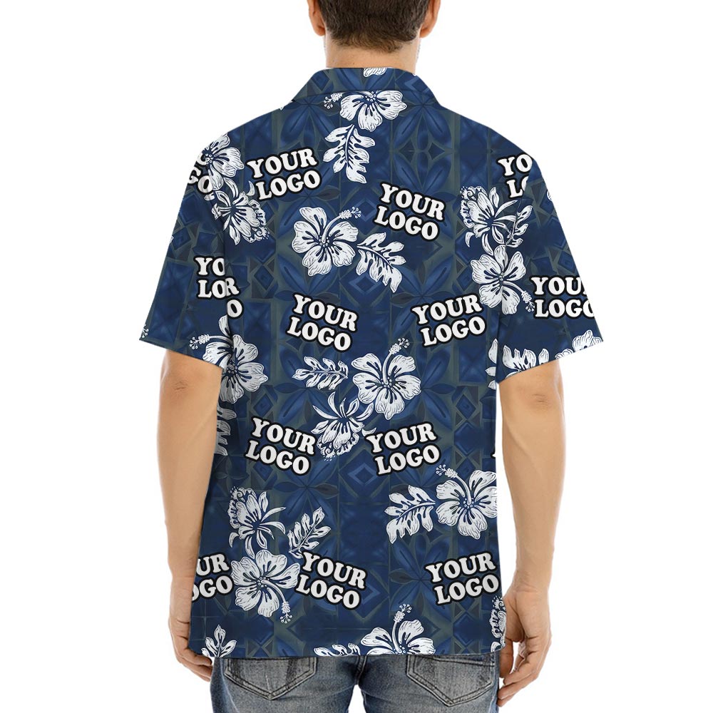 Custom Logo Vintage Navy Hawaiian Shirt With Hibiscus