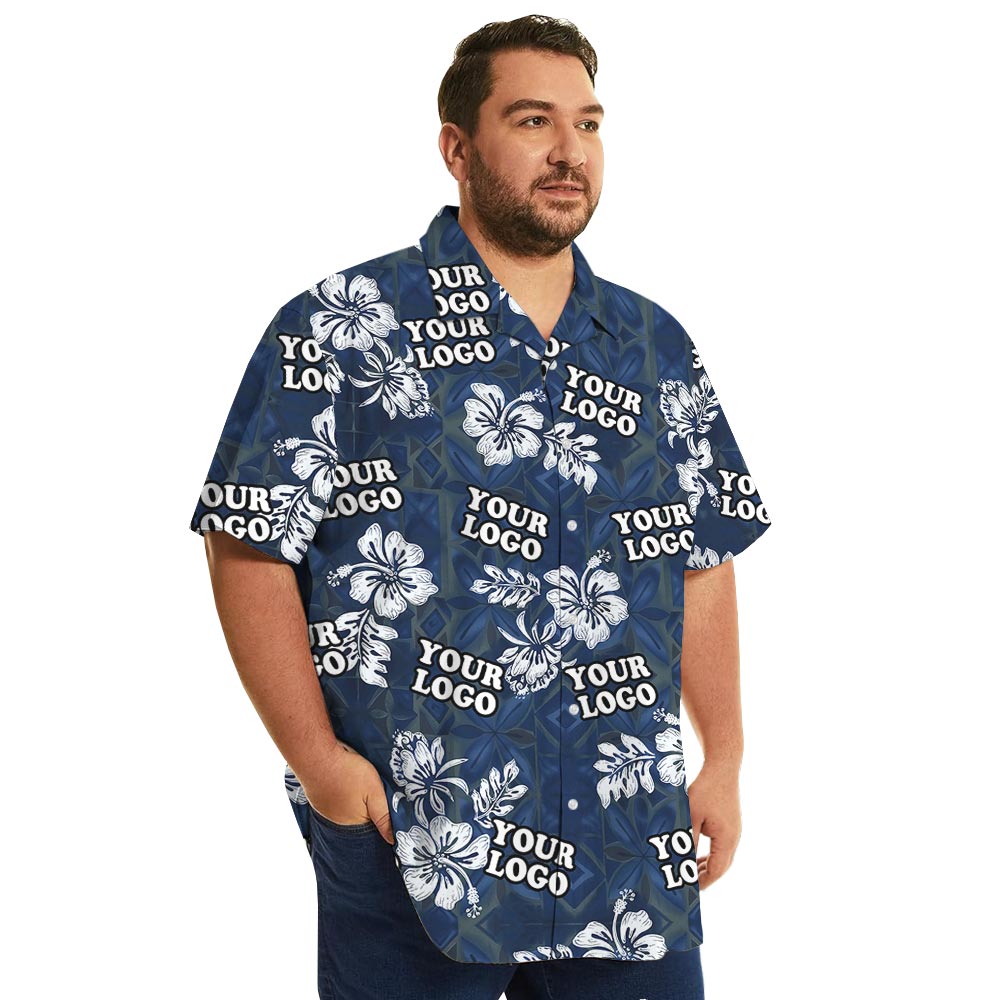 Custom Logo Vintage Navy Hawaiian Shirt With Hibiscus