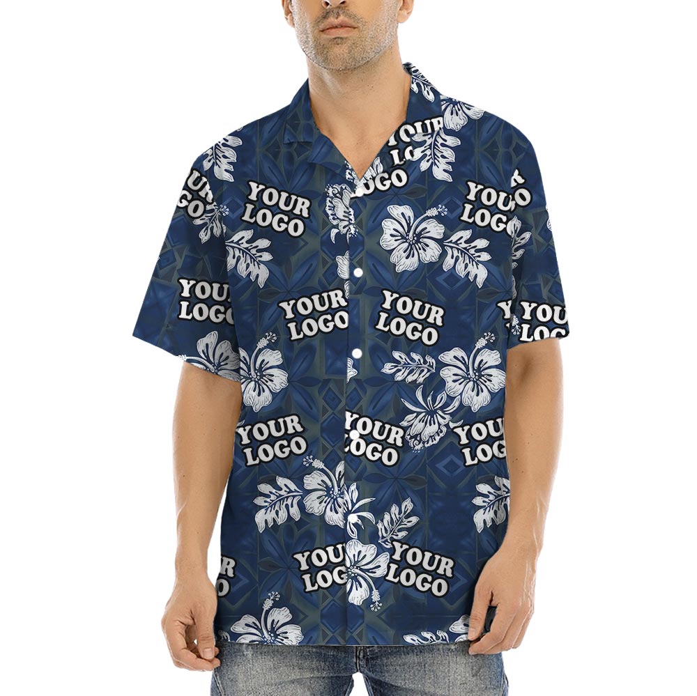 Custom Logo Vintage Navy Hawaiian Shirt With Hibiscus