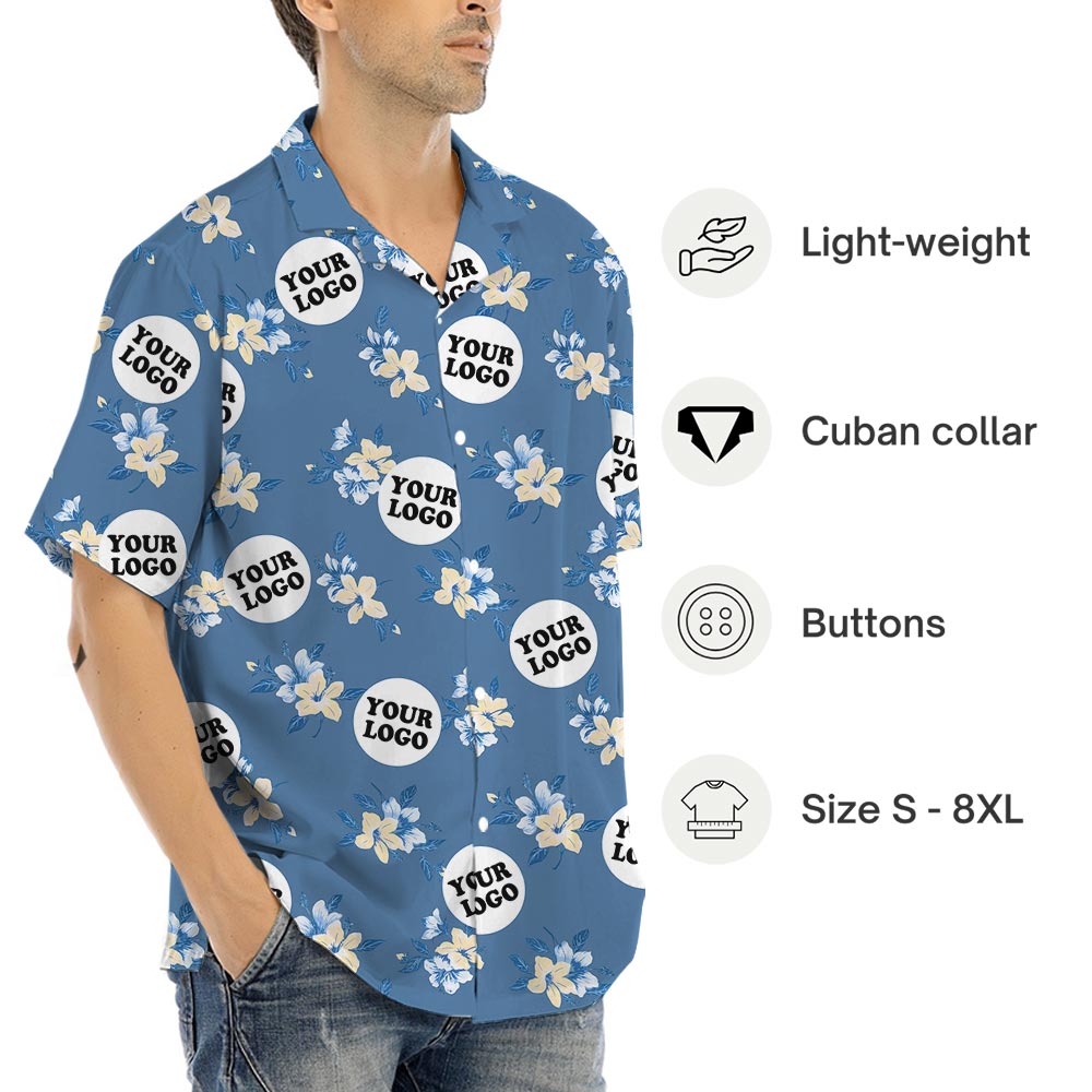 Blue Floral Personalized Team Hawaiian Shirt With Many Logos