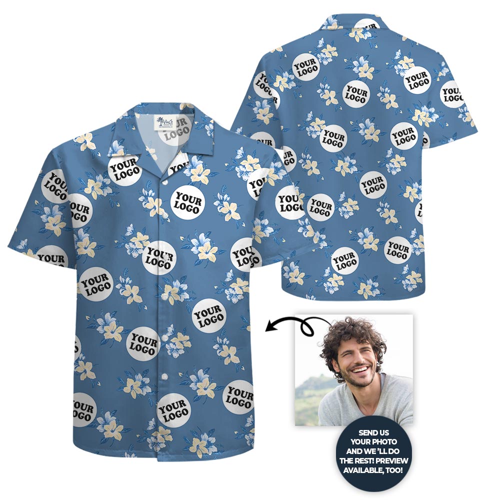 Blue Floral Personalized Team Hawaiian Shirt With Many Logos