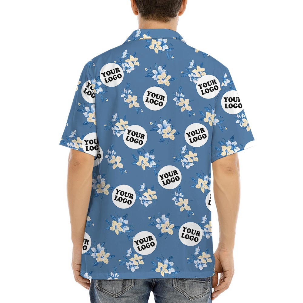 Blue Floral Personalized Team Hawaiian Shirt With Many Logos