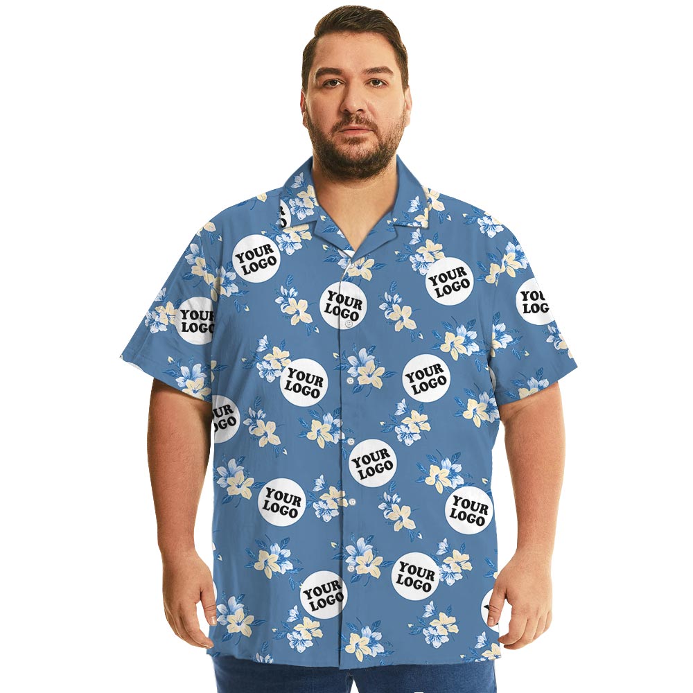 Blue Floral Personalized Team Hawaiian Shirt With Many Logos