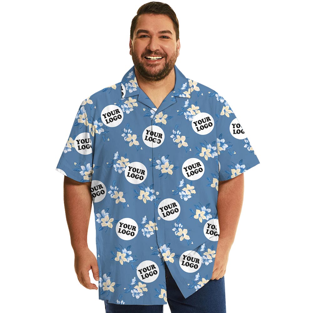 Blue Floral Personalized Team Hawaiian Shirt With Many Logos