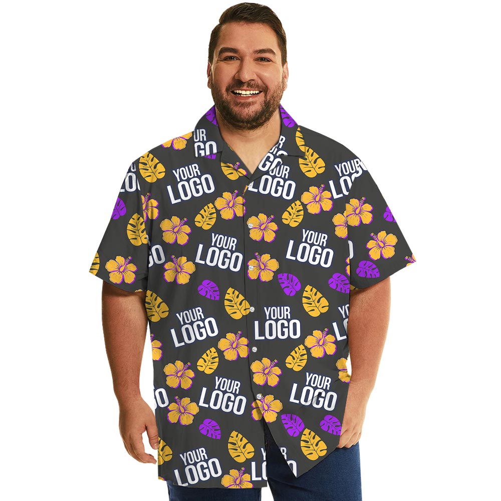 Custom Logo Black Hawaiian Shirt With Hibiscus And Leaves - variant image 1