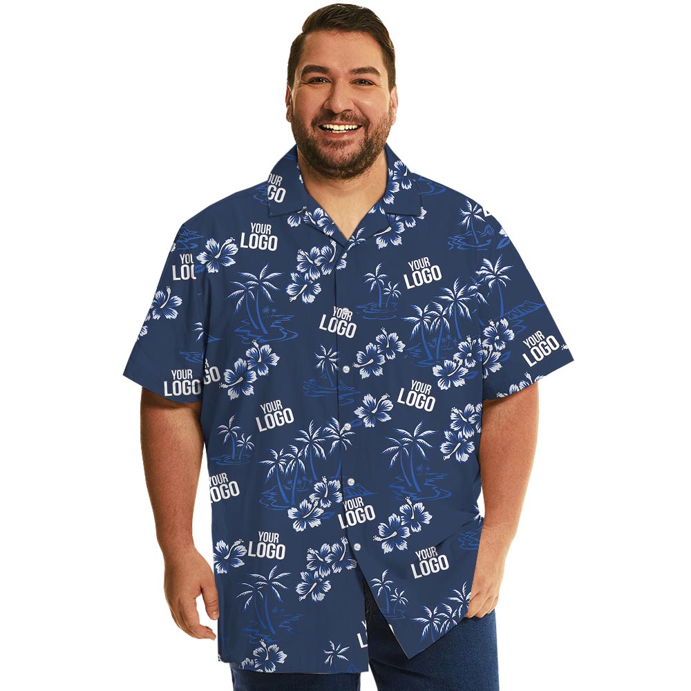 Custom Logo Navy Hibiscus Beach Theme Hawaiian Shirt - variant image 1