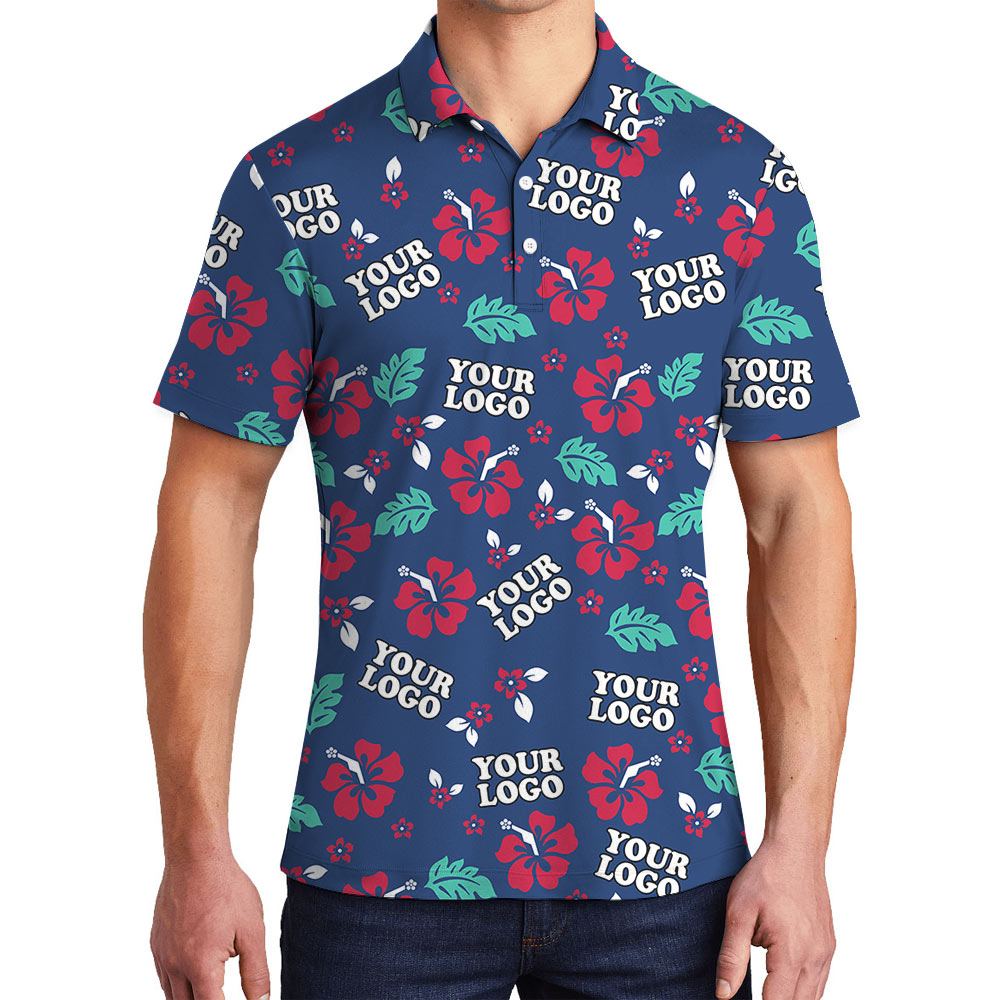 Navy Hibiscus Polo Shirt With Custom Logo - variant image 1