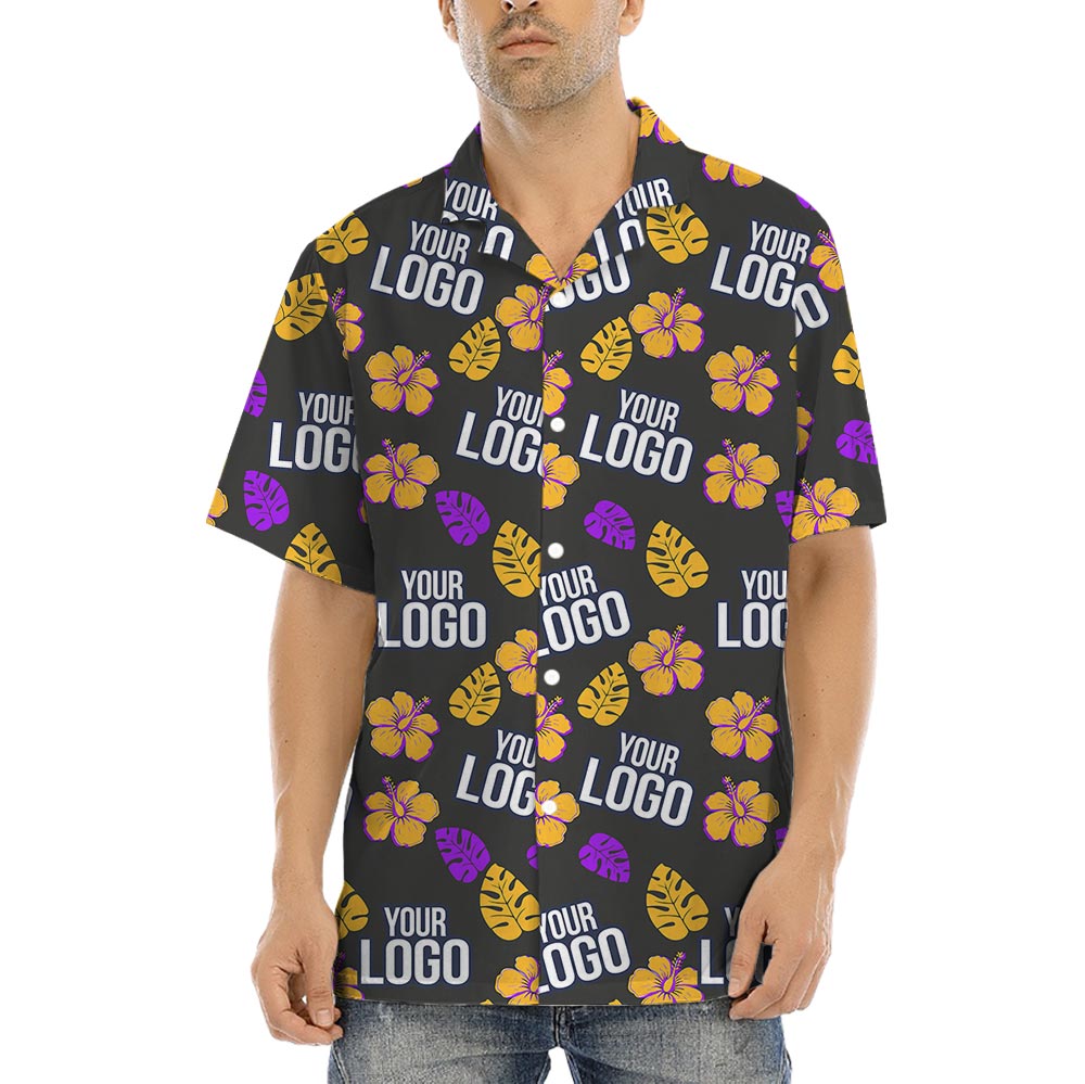 Custom Logo Black Hawaiian Shirt With Hibiscus And Leaves