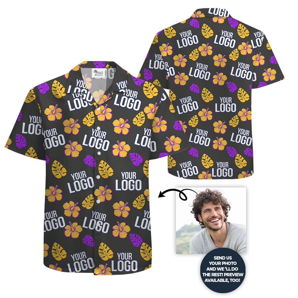 Custom Logo Black Hawaiian Shirt With Hibiscus And Leaves