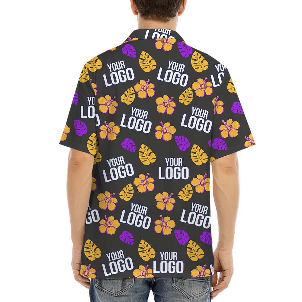 Custom Logo Black Hawaiian Shirt With Hibiscus And Leaves