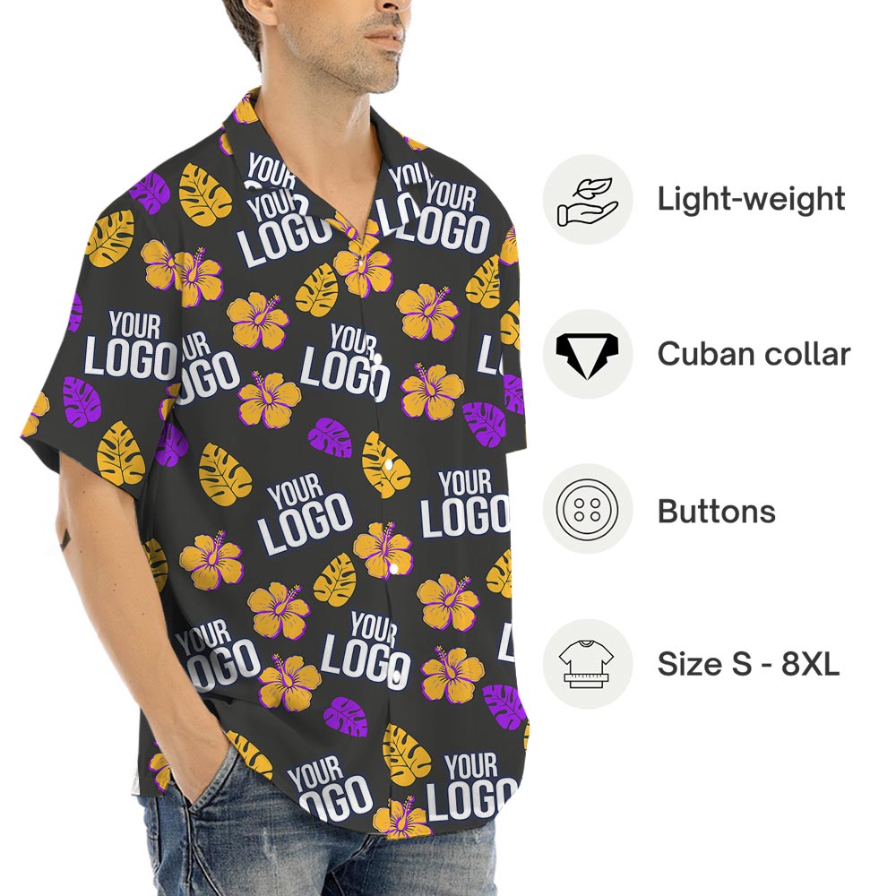 Custom Logo Black Hawaiian Shirt With Hibiscus And Leaves