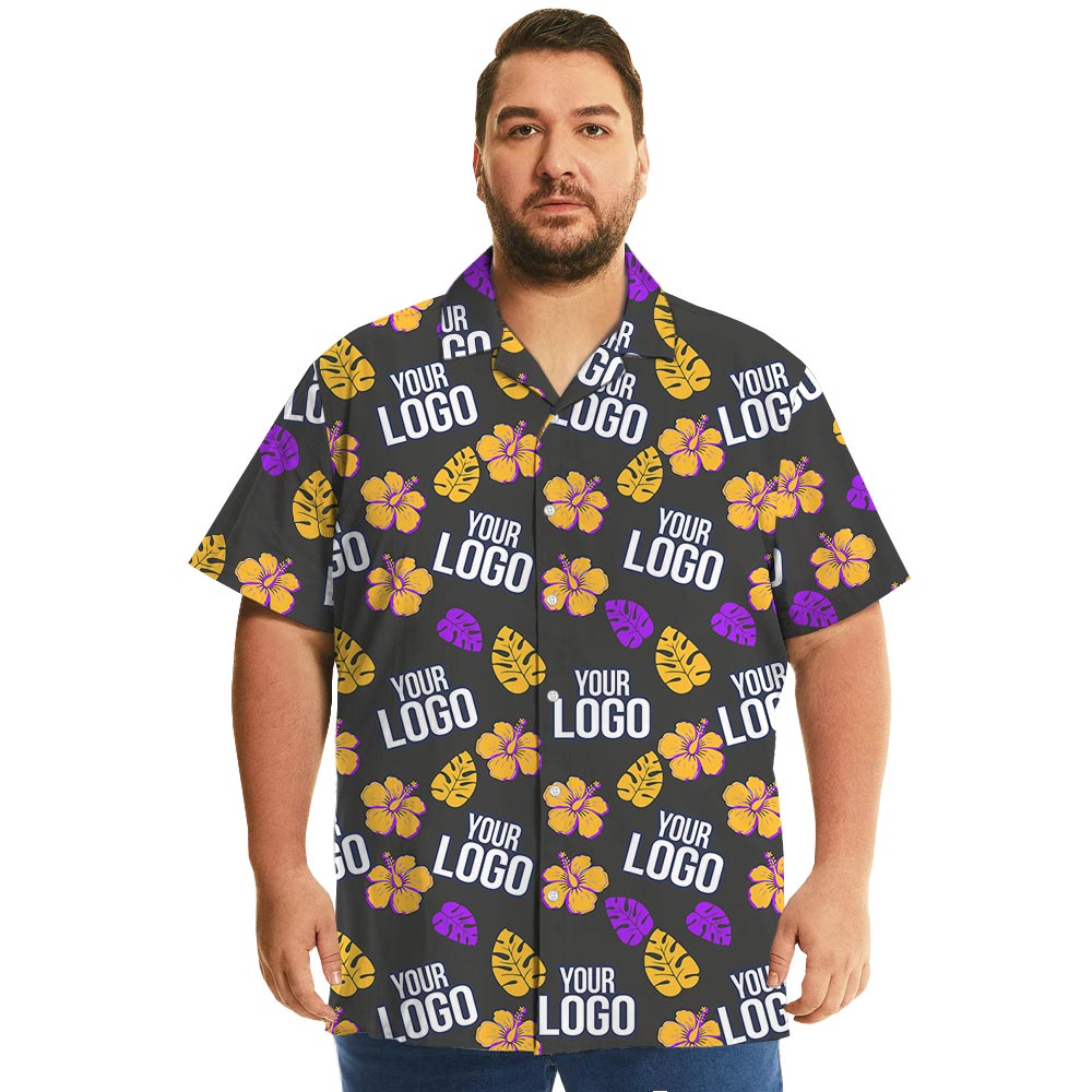 Custom Logo Black Hawaiian Shirt With Hibiscus And Leaves
