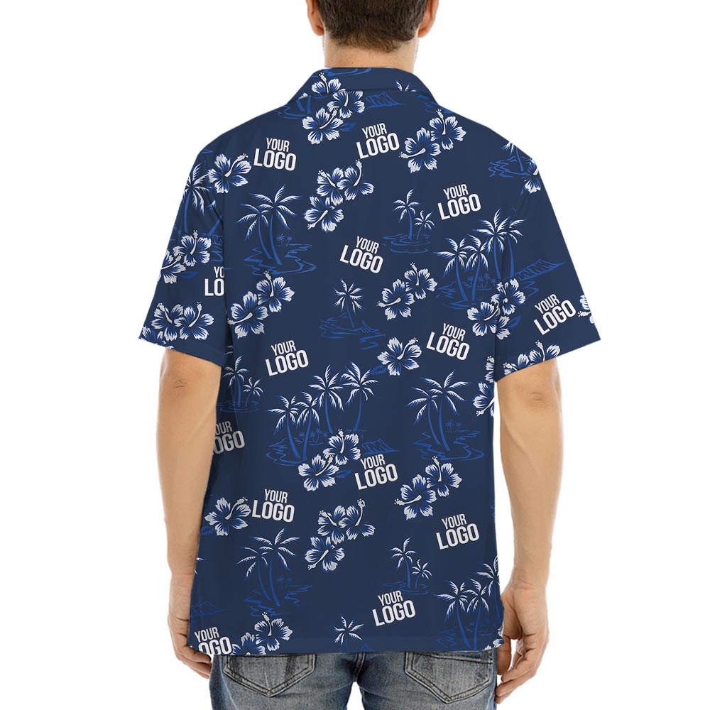 Custom Logo Navy Hibiscus Beach Theme Hawaiian Shirt