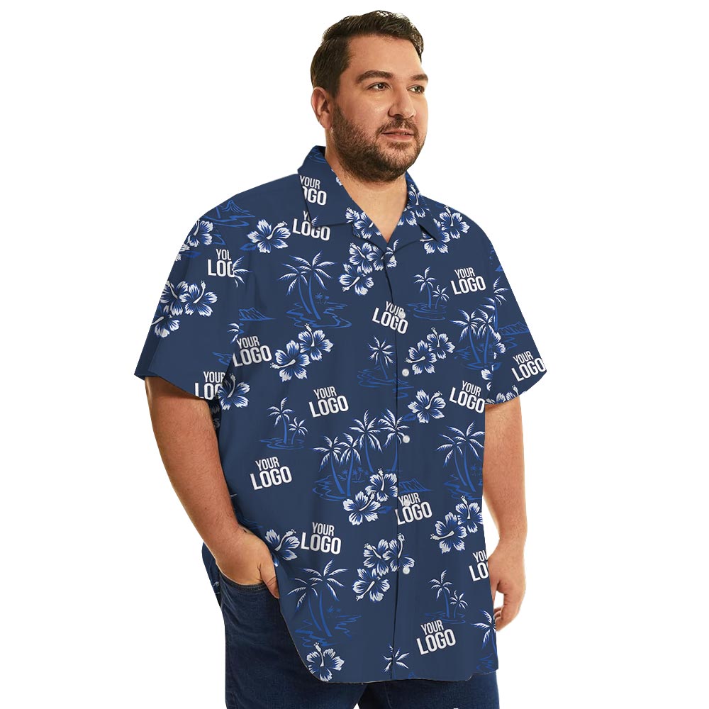 Custom Logo Navy Hibiscus Beach Theme Hawaiian Shirt