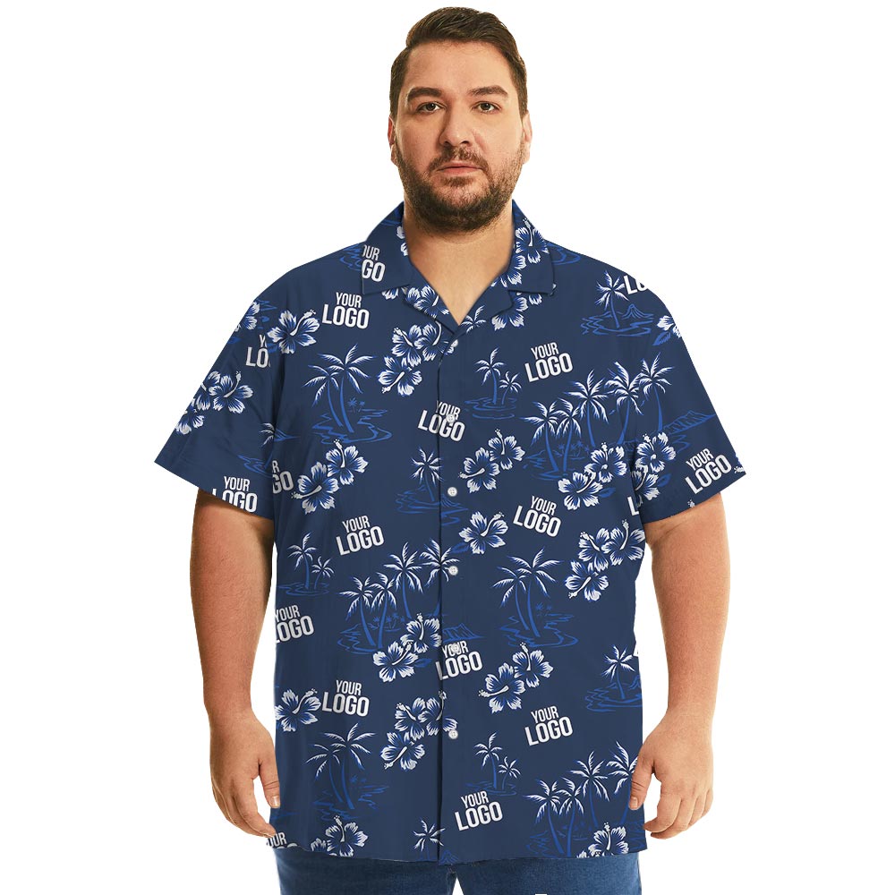 Custom Logo Navy Hibiscus Beach Theme Hawaiian Shirt