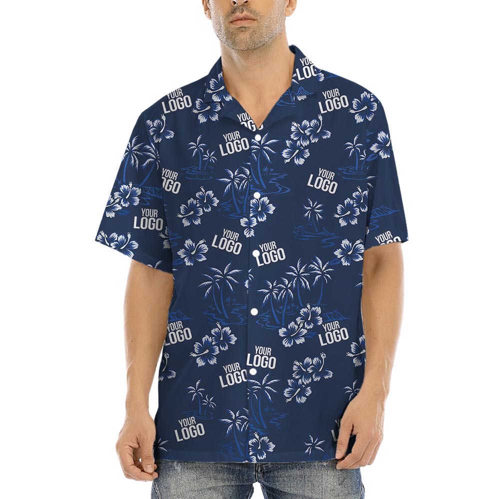 Custom Logo Navy Hibiscus Beach Theme Hawaiian Shirt