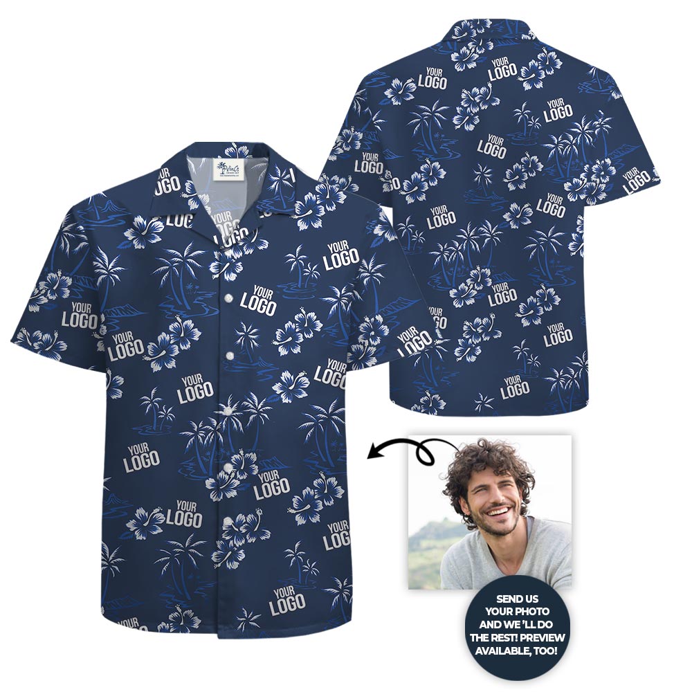 Custom Logo Navy Hibiscus Beach Theme Hawaiian Shirt