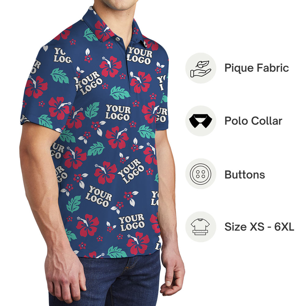 Navy Hibiscus Polo Shirt With Custom Logo