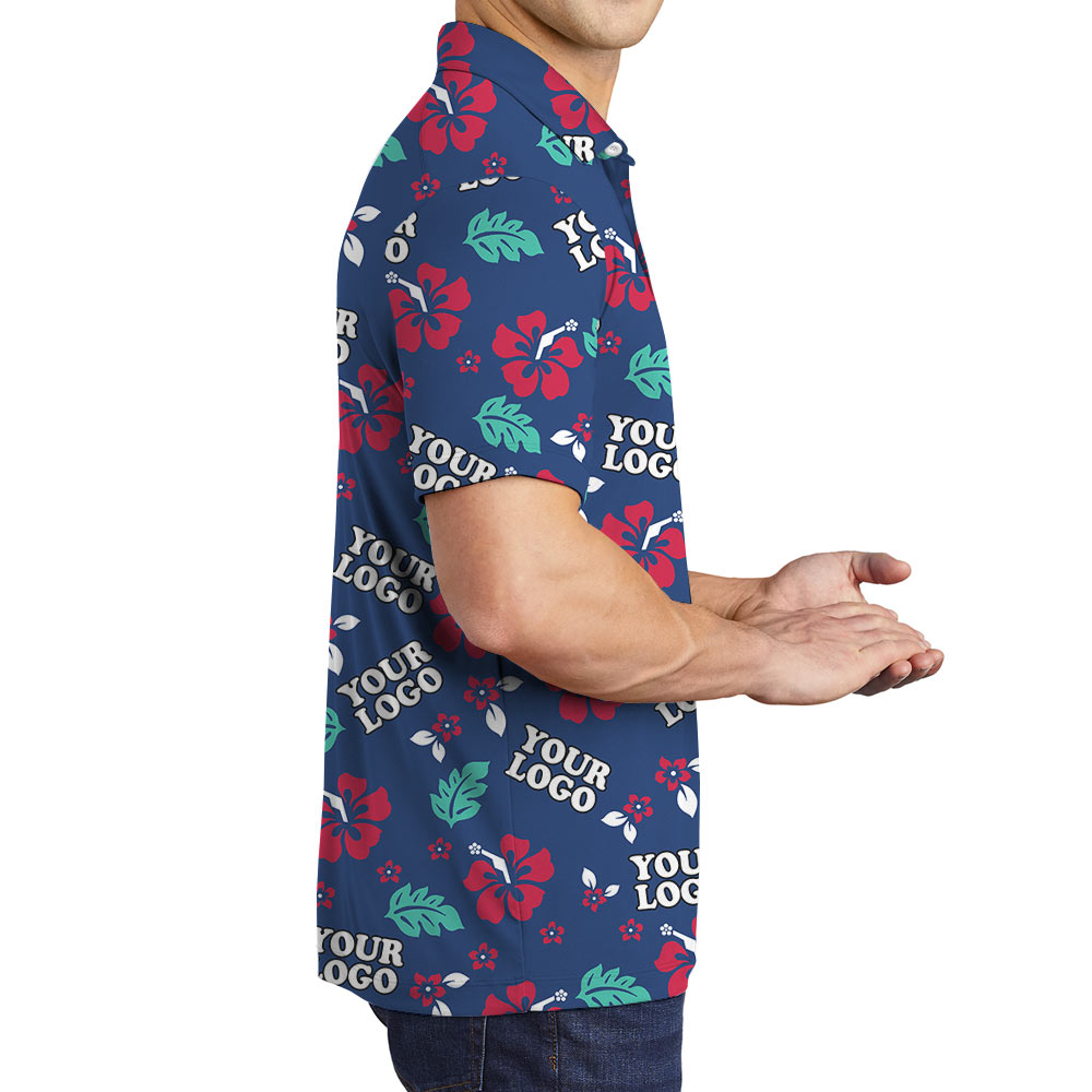 Navy Hibiscus Polo Shirt With Custom Logo