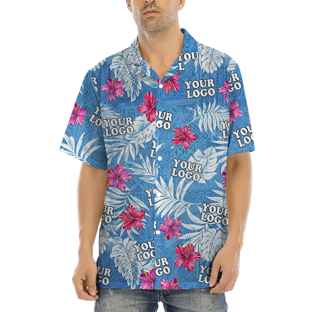 Vintage Hibiscus Blue Aloha Shirt With Custom Logo