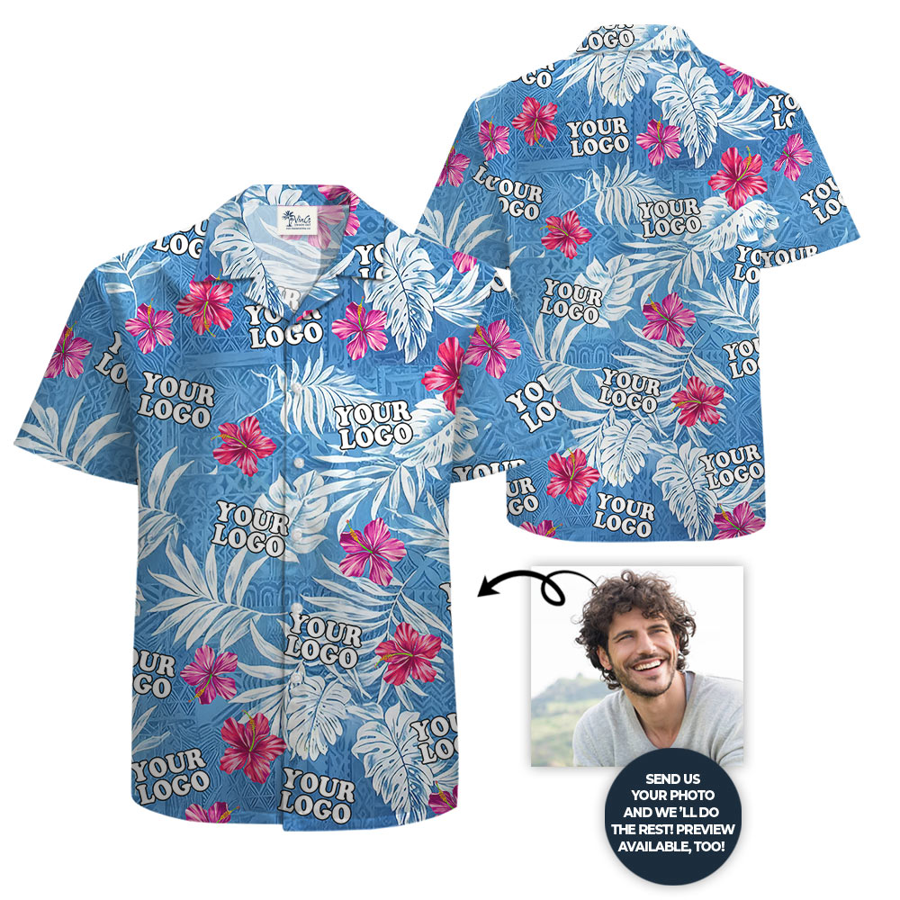 Vintage Hibiscus Blue Aloha Shirt With Custom Logo
