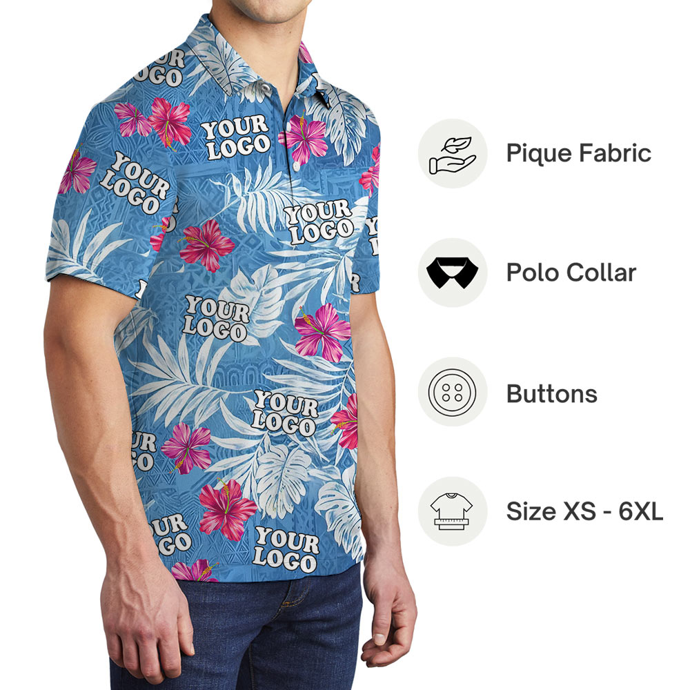 Vintage Hibiscus Blue Polo Shirt With Custom Logo