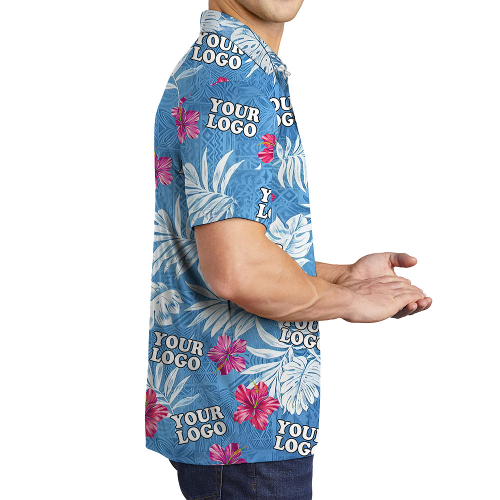 Vintage Hibiscus Blue Polo Shirt With Custom Logo