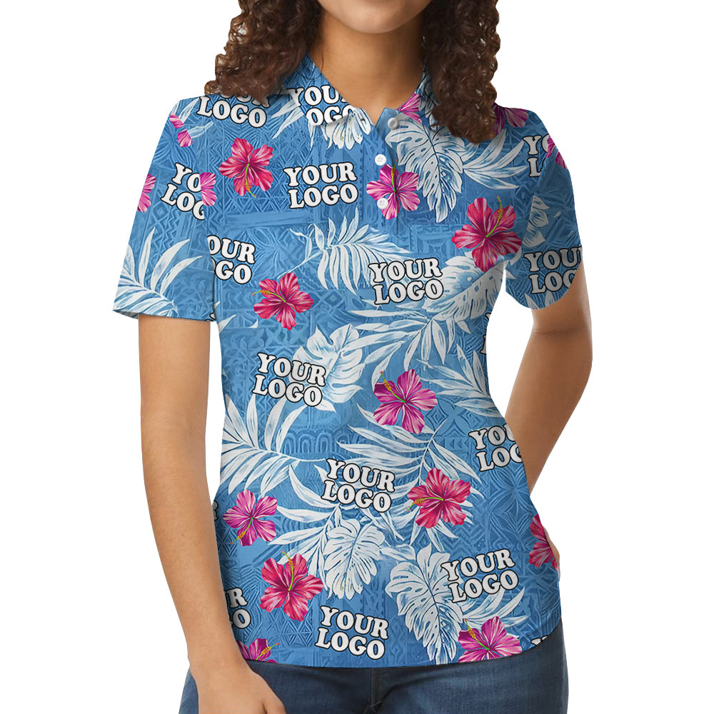 Vintage Hibiscus Blue Polo Shirt With Custom Logo