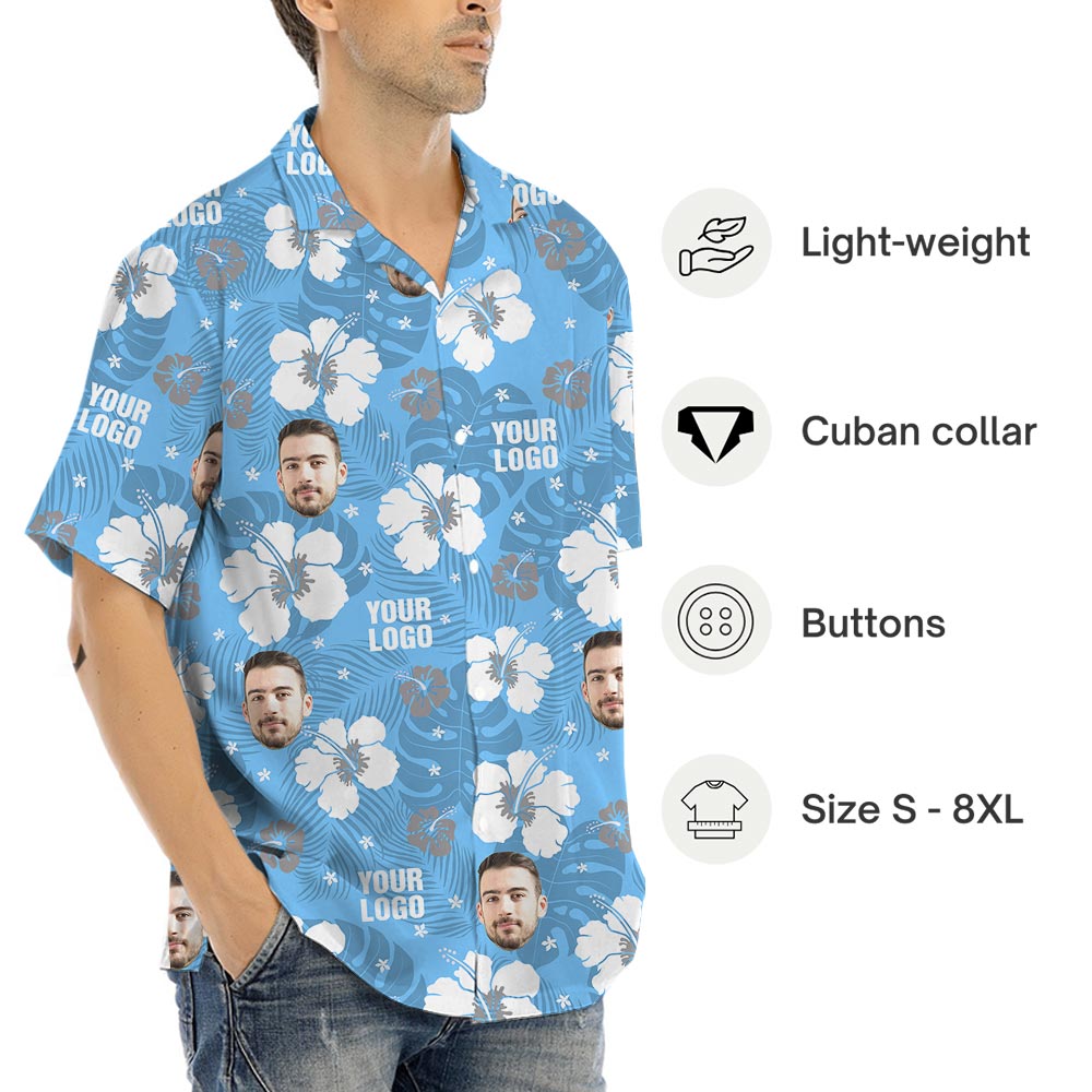Blue Floral Your Logo Hawaiian Shirt Matching For Company