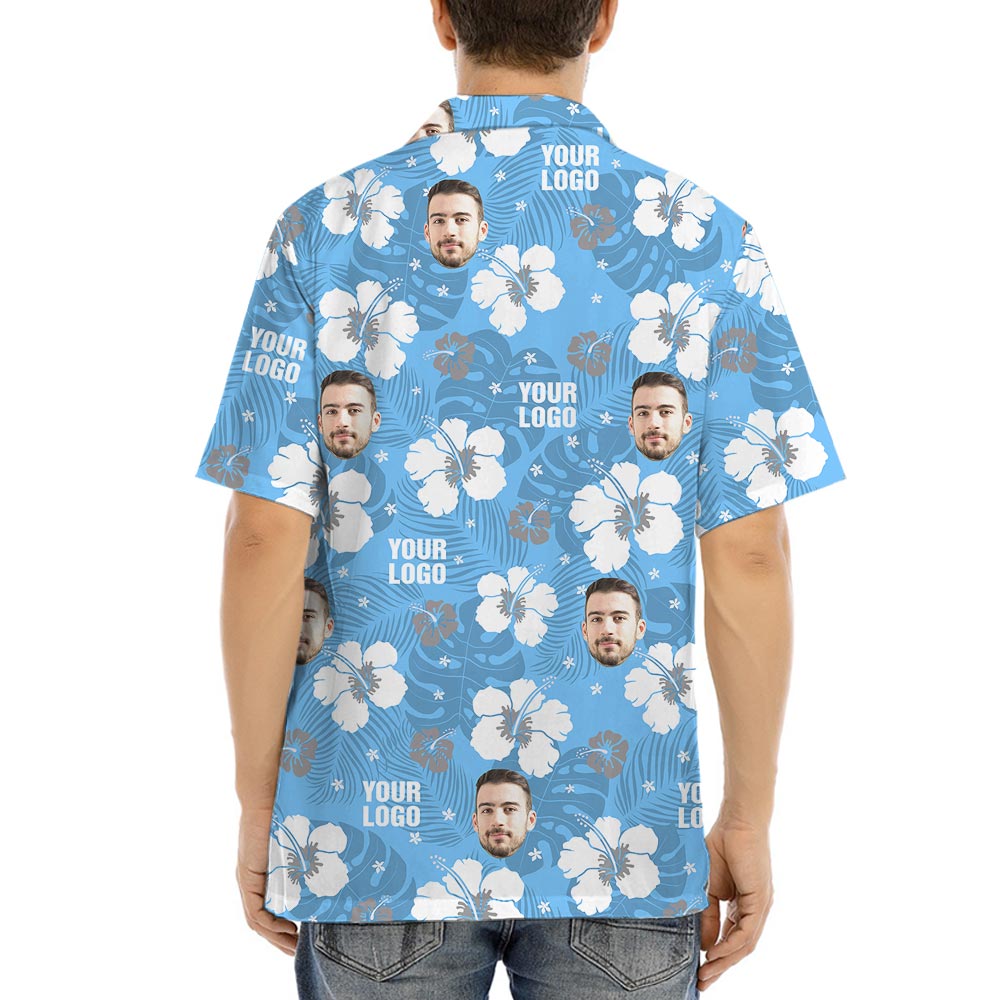 Blue Floral Your Logo Hawaiian Shirt Matching For Company