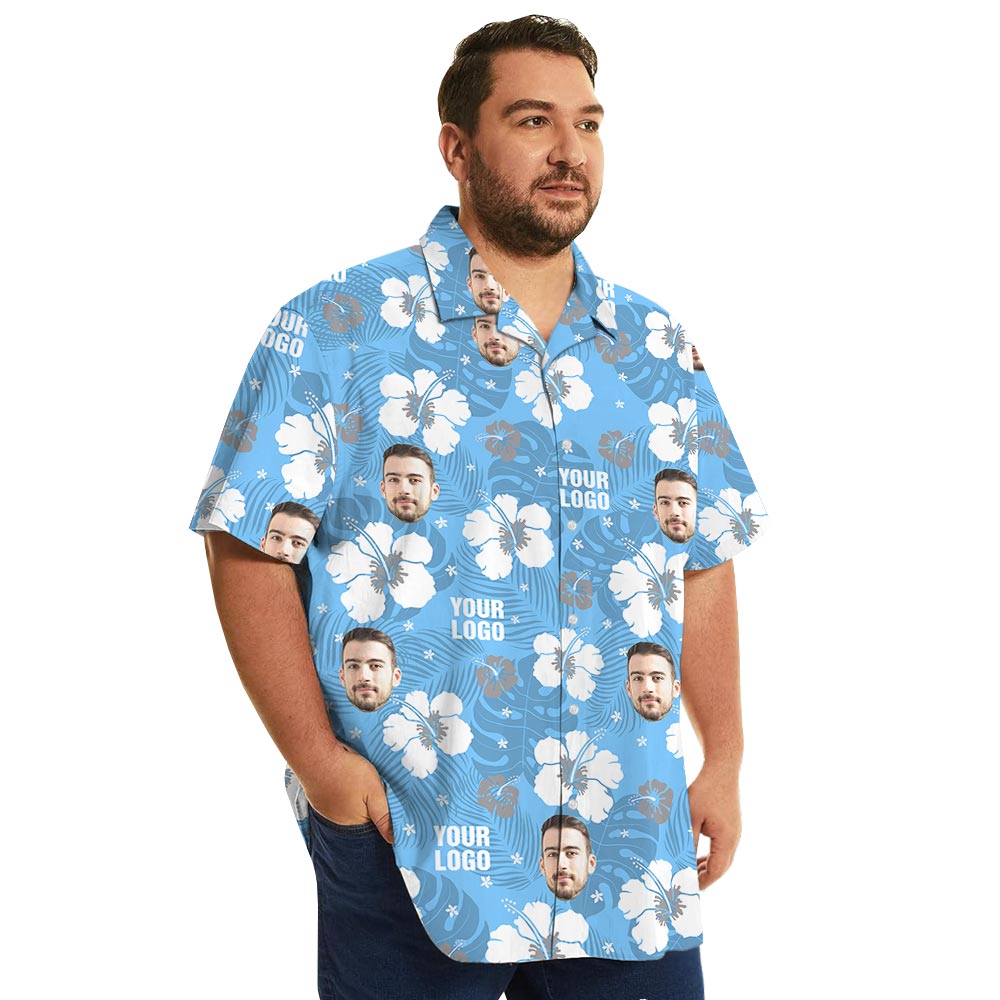 Blue Floral Your Logo Hawaiian Shirt Matching For Company