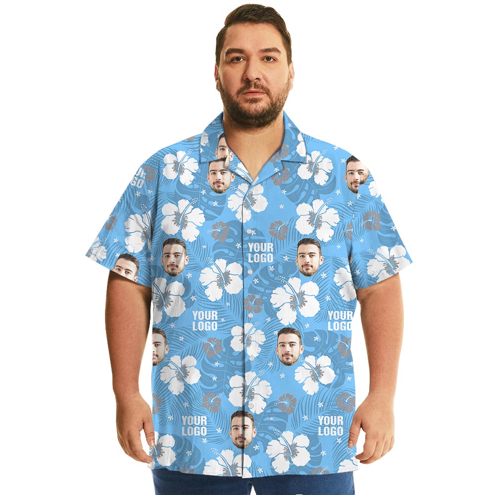 Blue Floral Your Logo Hawaiian Shirt Matching For Company