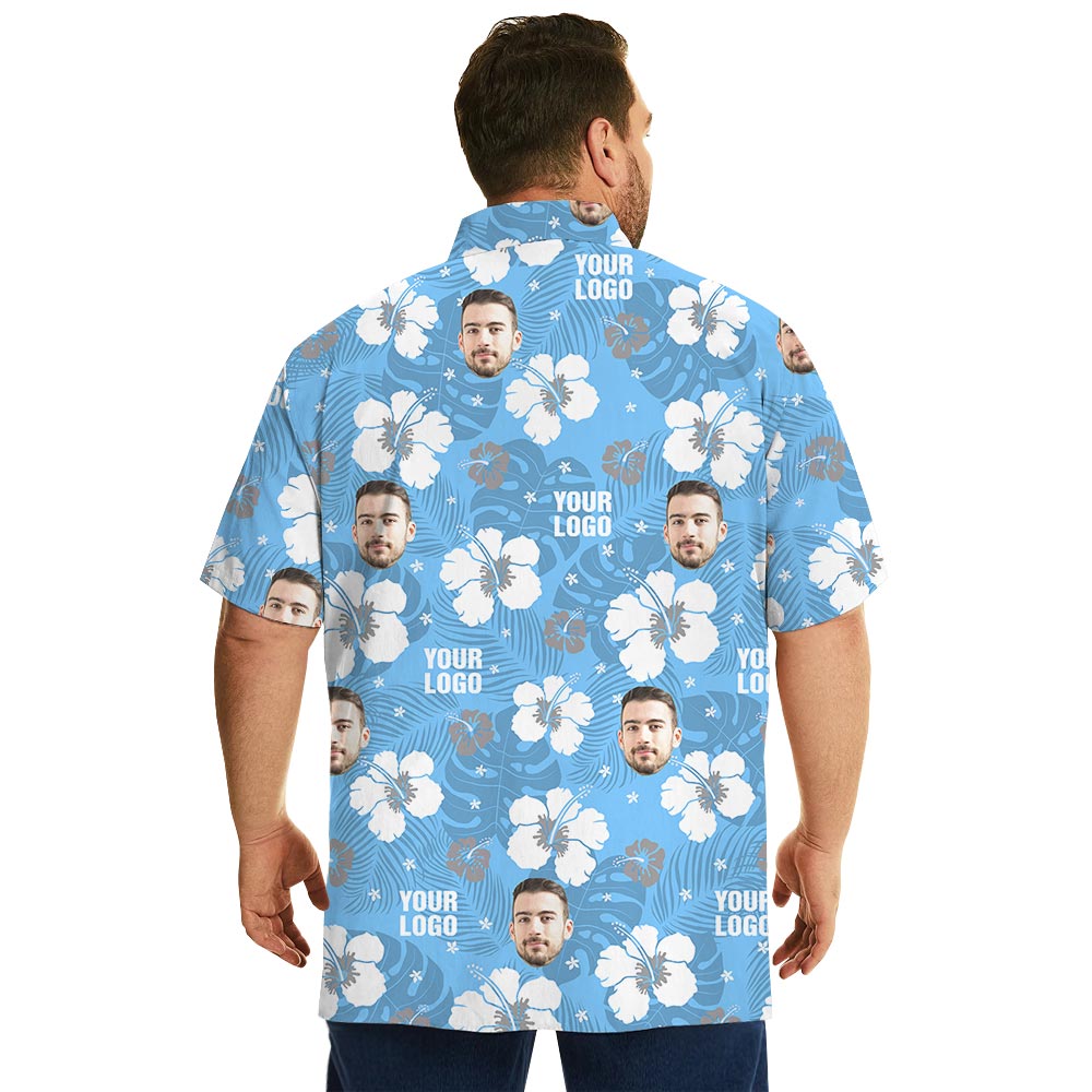 Blue Floral Your Logo Hawaiian Shirt Matching For Company