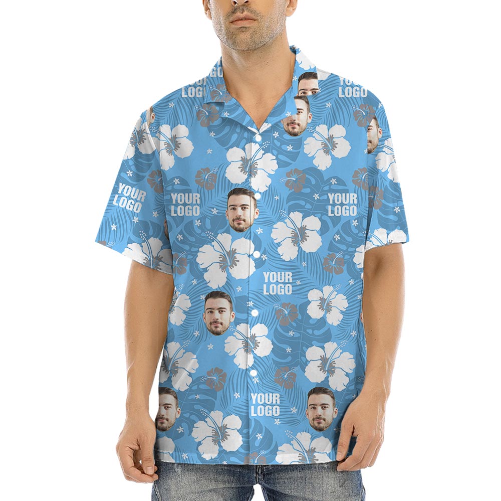 Blue Floral Your Logo Hawaiian Shirt Matching For Company