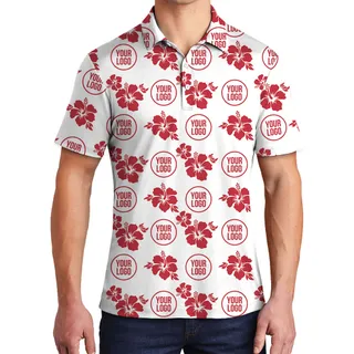 Vintage Hibiscus White Polo Shirt With Multiple Logo On Them