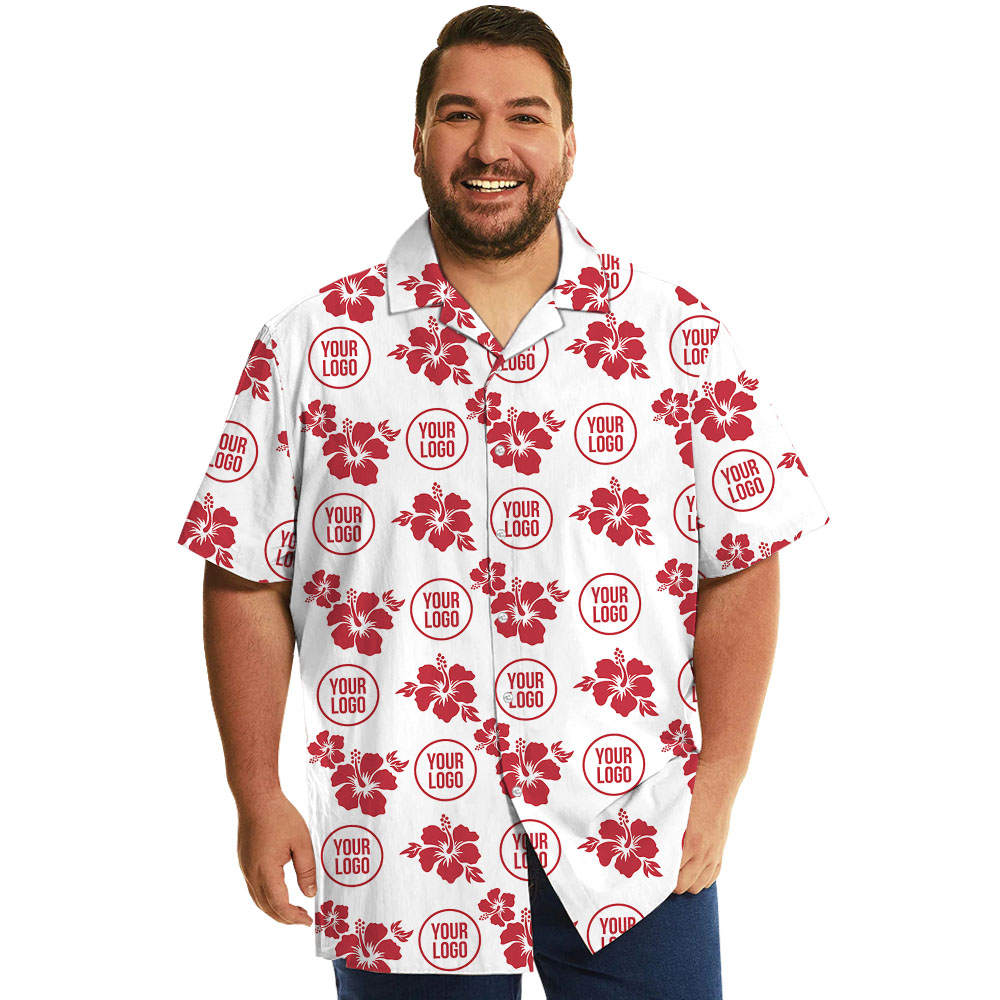 White And Red Hibiscus Button Up Shirt With Custom Logo - variant image 1