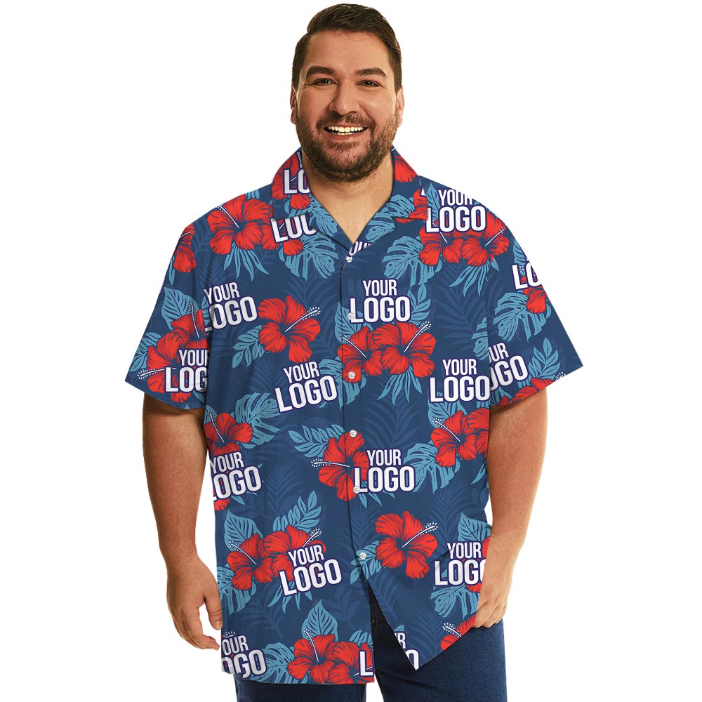 Custom Red Hibiscus Navy Hawaiian Shirt With Company Logo - variant image 1