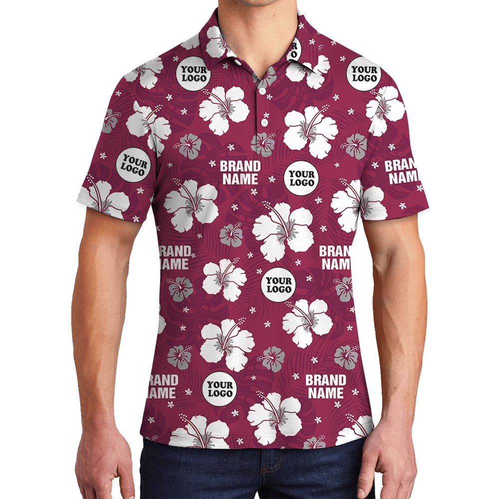 Pink Personalized Logo Hibiscus Hawaiian Polo Shirt - variant image 1