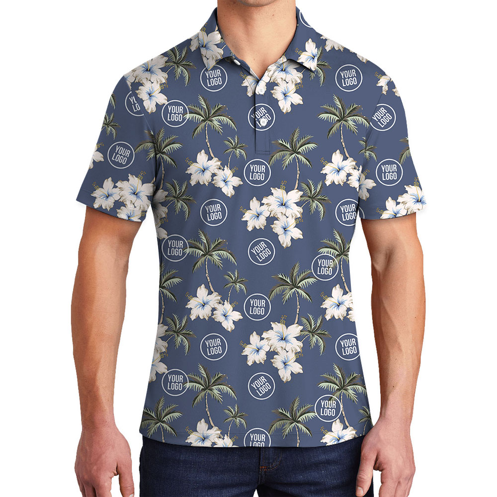 Custom Logo Or Face Polo Shirt With Palm Tree And Hibiscus - variant image 1