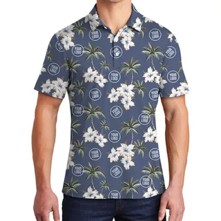 Custom Logo Or Face Polo Shirt With Palm Tree And Hibiscus