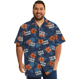 Navy Hibiscus Team Hawaiian Shirt With Logo Plus Size